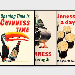 May include: A triptych of vintage Guinness posters. One shows a toucan with a Guinness bottle, another a steamroller, and the last smiling pints of Guinness. Text includes "Opening Time is Guinness Time."