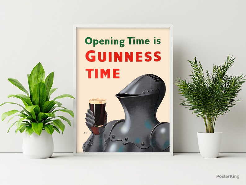 May include: Framed vintage-style poster with the text "Opening Time is Guinness Time." The artwork features a knight in dark armor holding a pint of dark beer. Two potted green plants flank the framed poster.