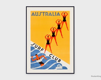 Surf Club Australia 1936 Travel Original Vintage Poster, INSTANT DOWNLOAD, Sun Beach Advertising Swimming Deco Art - Poster #0122