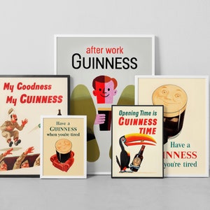 K&ouml;nnte beinhalten: Eine Sammlung von Vintage-Guinness-Bierwerbeplakaten. Die Poster zeigen verschiedene Designs, darunter ein l&auml;chelndes Pint, einen Tukan und die Slogans "My Goodness My Guinness" und "Have a Guinness when you're tired."