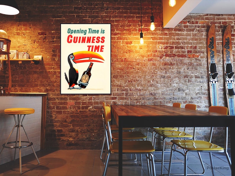 May include: A vintage Guinness poster featuring a toucan holding a bottle of Guinness beer. The poster reads "Opening Time is Guinness Time".