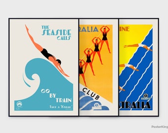 Sunshine & Surf Australia Set Travel Original Vintage Posters, INSTANT DOWNLOAD, Sun Beach Advertising Swimming Deco Art - Poster #0126
