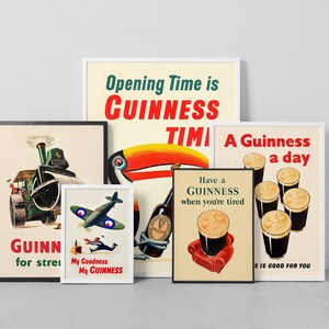 May include: A selection of framed vintage Guinness posters. The images showcase classic advertising designs, including a steam train, a toucan, and pints of stout, with slogans such as "Opening Time is Guinness" and "A Guinness a day".