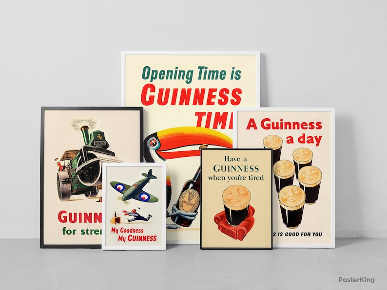 May include: A selection of framed vintage Guinness posters. The images showcase classic advertising designs, including a steam train, a toucan, and pints of stout, with slogans such as "Opening Time is Guinness" and "A Guinness a day".