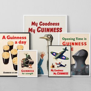 May include: Collection of framed vintage Guinness advertisements. The posters feature various designs, including smiling pints of Guinness, a steam engine, a bird, a fighter plane, and a knight's helmet. Each poster has the Guinness logo and text.