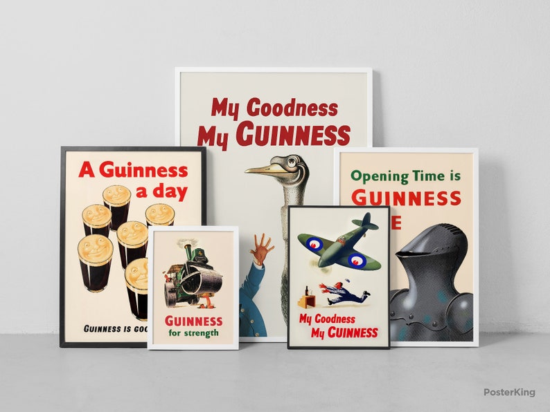 May include: Collection of framed vintage Guinness advertisements. The posters feature various designs, including smiling pints of Guinness, a steam engine, a bird, a fighter plane, and a knight's helmet. Each poster has the Guinness logo and text.