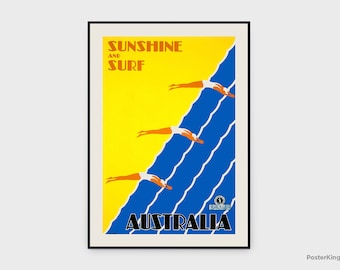 Sunshine & Surf Australia 1930 Travel Original Vintage Poster, INSTANT DOWNLOAD, Sun Beach Advertising Swimming Deco Art - Poster #0123