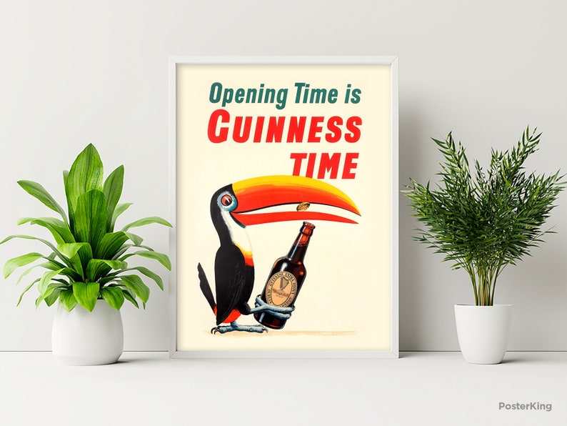 May include: A vintage poster advertising Guinness beer. The poster features a toucan holding a bottle of Guinness with the text "Opening Time is Guinness Time".