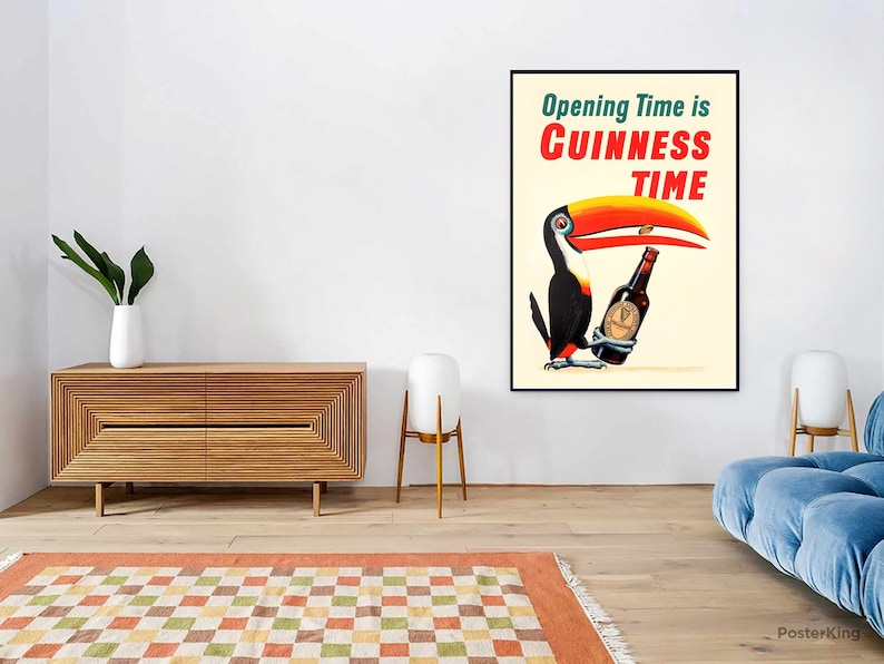 May include: A vintage poster advertising Guinness beer. The poster features a toucan holding a bottle of Guinness with the text "Opening Time is Guinness Time".