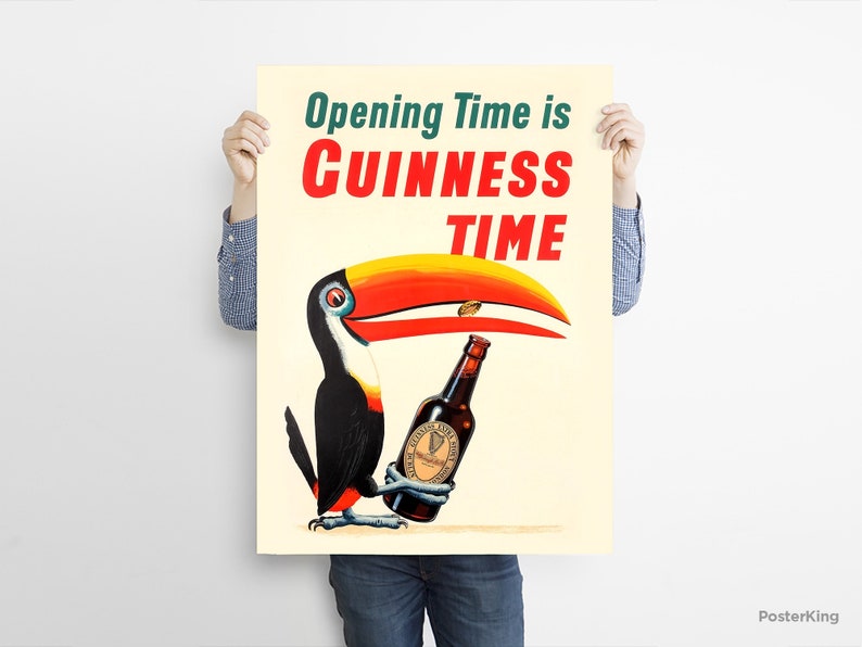 May include: A vintage-style poster advertising Guinness beer. The poster features a toucan holding a bottle of Guinness with the text "Opening Time is Guinness Time".