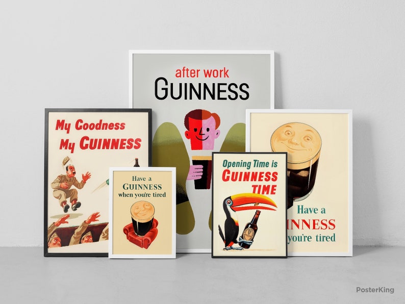 May include: A collection of vintage Guinness beer advertisements. The posters feature various designs, including a smiling pint, a toucan with a bottle, and the phrases "My Goodness My Guinness" and "Have a Guinness when you're tired."
