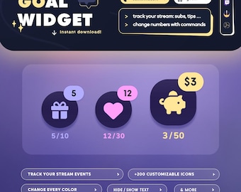 Widget de objetivos / Rastreador de eventos / Objetivo mínimo para streamers de Twitch / Personalizable / Streamelements OBS