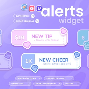 Peut inclure: Graphique numérique avec le mot "alerts widget" en blanc. L'image présente des boîtes d'alerte personnalisables avec du texte tel que "New Tip" et "New Cheer". Des icônes pour Twitch, YouTube et Ko-fi sont également présentes.