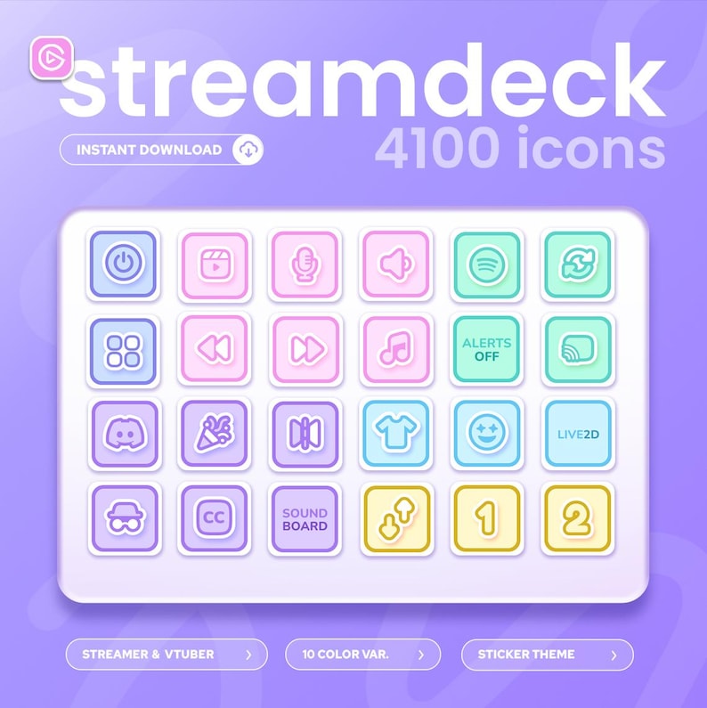 May include: A digital product graphic with the word "streamdeck" and "4100 icons". The image features a grid of colorful icons, including a power button, microphone, and music note. Text includes "Instant Download", "Streamer & Vtuber", "10 Color Var.", and "Sticker Theme".