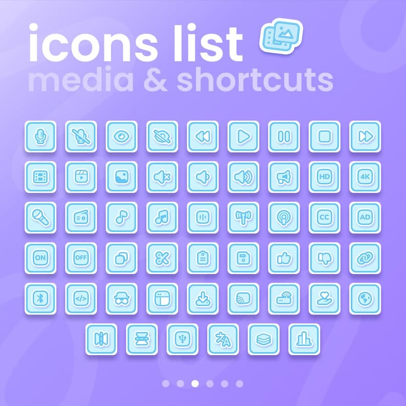 May include: A collection of light blue icons on a purple background, labeled "icons list media & shortcuts." The icons are square and feature various symbols related to media and shortcuts, such as play, pause, and volume controls.