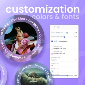 Puede incluir: Imagen que muestra opciones de personalizaci&oacute;n para portadas de &aacute;lbumes de m&uacute;sica. Presenta dise&ntilde;os circulares con im&aacute;genes de artistas y t&iacute;tulos de canciones, incluyendo "Levitating" de Dua Lipa y "All Night" de Beyonc&eacute;. La interfaz permite ajustes de colores, fuentes y tama&ntilde;os.