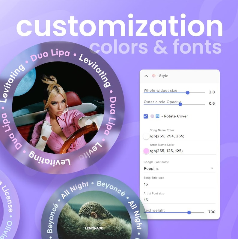 Puede incluir: Imagen que muestra opciones de personalizaci&oacute;n para portadas de &aacute;lbumes de m&uacute;sica. Presenta dise&ntilde;os circulares con im&aacute;genes de artistas y t&iacute;tulos de canciones, incluyendo "Levitating" de Dua Lipa y "All Night" de Beyonc&eacute;. La interfaz permite ajustes de colores, fuentes y tama&ntilde;os.