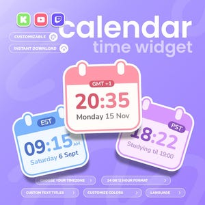 Könnte beinhalten: Grafik eines digitalen Kalender-Zeit-Widgets mit drei Kalendersymbolen, die verschiedene Zeiten und Daten anzeigen. Der Text enthält "calendar time widget", "CUSTOMIZABLE" und "INSTANT DOWNLOAD". Der Hintergrund ist ein lila-weißer Farbverlauf.