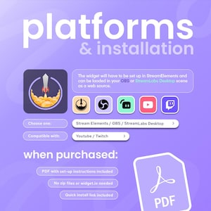 May include: A purple graphic with the words "platforms & installation". The image includes a rocket icon, social media platform logos, and a PDF icon. Text indicates setup instructions are included.
