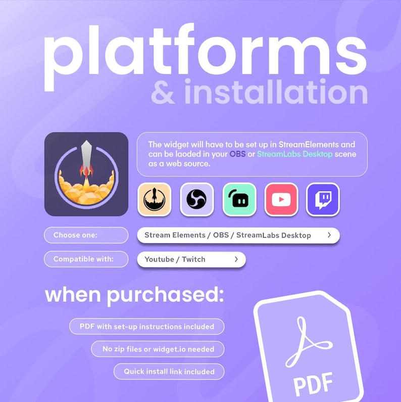May include: A purple graphic with the words "platforms & installation". The image includes a rocket icon, social media platform logos, and a PDF icon. Text indicates setup instructions are included.