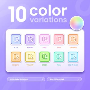 May include: A graphic showcasing 10 color variations of icons. Each icon is a square with rounded corners, featuring a stylized "B" and "B" design. Colors include blue, purple, pink, red, orange, brown, yellow, green, teal, and light blue. Text indicates 410 icons x 10 colors.