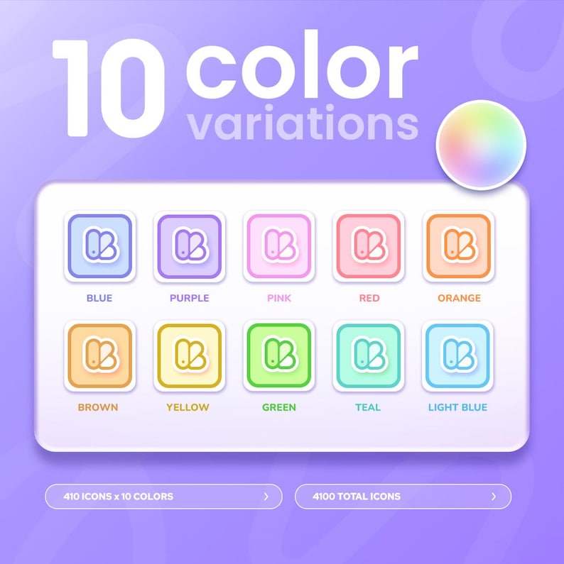 May include: A graphic showcasing 10 color variations of icons. Each icon is a square with rounded corners, featuring a stylized "B" and "B" design. Colors include blue, purple, pink, red, orange, brown, yellow, green, teal, and light blue. Text indicates 410 icons x 10 colors.