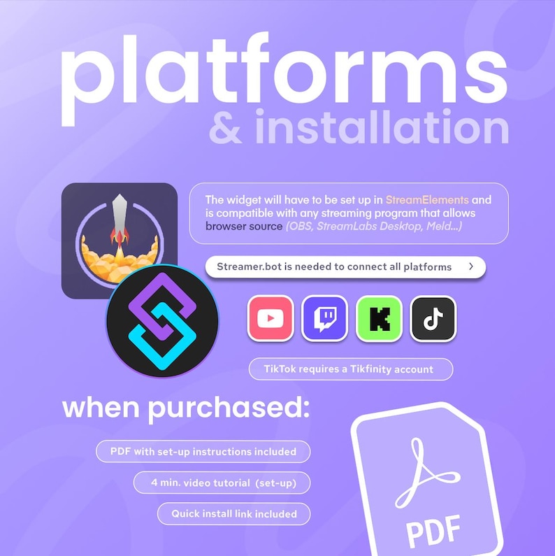May include: A purple graphic with the words "platforms & installation" in white. The image includes icons for YouTube, Twitch, Kick, and TikTok, along with a PDF icon and setup instructions.