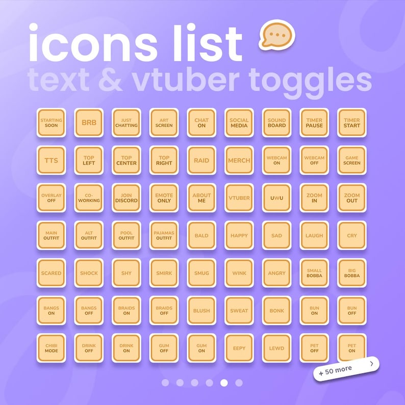 May include: A purple graphic with the text "icons list text & vtuber toggles" at the top. The image features a grid of beige square buttons with white text, including options like "Happy," "Sad," and "Zoom In."