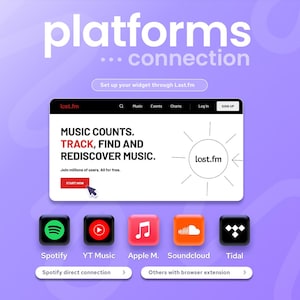Puede incluir: Gr&aacute;fico promocional con el texto "platforms...connection" y "Set up your widget through Last.fm". La imagen presenta la interfaz del sitio web Last.fm e iconos de Spotify, YT Music, Apple Music, Soundcloud y Tidal.