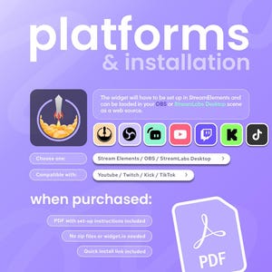 Puede incluir: Un gr&aacute;fico p&uacute;rpura con las palabras "platforms & installation". Incluye iconos para Stream Elements, OBS y StreamLabs Desktop, junto con los logotipos de YouTube, Twitch, Kick y TikTok. Tambi&eacute;n hay un icono de PDF.
