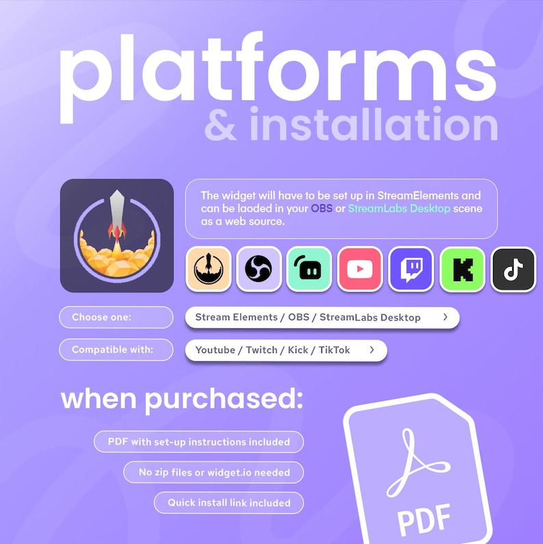 Puede incluir: Un gr&aacute;fico p&uacute;rpura con las palabras "platforms & installation". Incluye iconos para Stream Elements, OBS y StreamLabs Desktop, junto con los logotipos de YouTube, Twitch, Kick y TikTok. Tambi&eacute;n hay un icono de PDF.