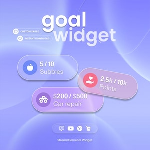 May include: A digital graphic with the text "goal widget" in white. The image features three progress bars with icons and text, including "Subbies," "Points," and "Car repair." The background is a gradient of light purple and blue.