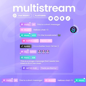 May include: A digital interface with the word "multistream" in white. The interface displays a chat widget with user names, messages, and platform icons. The color scheme is primarily purple and pink.