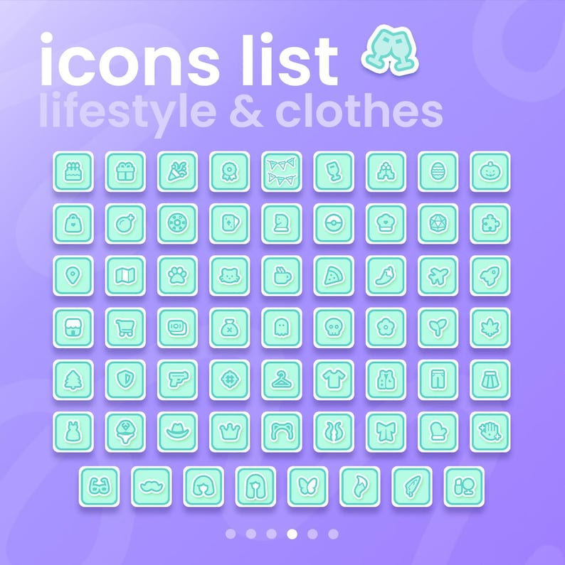 May include: A grid of mint green icons on a purple background. The icons are in square frames and depict various lifestyle and clothing-related symbols. Text at the top reads "icons list lifestyle & clothes".