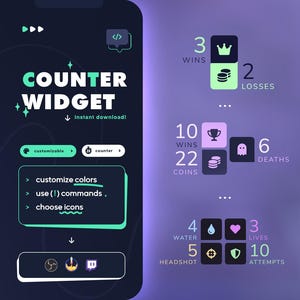 May include: A mobile phone screen displaying a customizable counter widget with a green and black color scheme. The widget features icons for wins, losses, coins, deaths, water, headshot, lives, and attempts. The text on the screen reads "COUNTER +WIDGET" and "Instant download!"