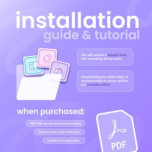 May include: A purple graphic with the text "installation guide & tutorial." It includes a folder with icons and a PDF icon. Text states the purchase includes a PDF with instructions, access to 4100 icons, and 3 simple steps.