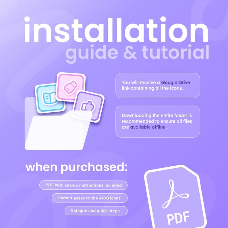 May include: A purple graphic with the text "installation guide & tutorial." It includes a folder with icons and a PDF icon. Text states the purchase includes a PDF with instructions, access to 4100 icons, and 3 simple steps.