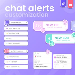 May include: A digital graphic with the text "chat alerts customization." The image features customizable alert boxes for Twitch and YouTube, including options for tips, subscriptions, and cheers, with color and text customization options.