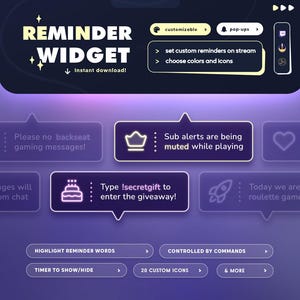 Peut inclure: Un graphique violet et bleu avec le texte "REMINDER WIDGET" en blanc. Le graphique présente diverses fonctionnalités pour un widget de rappel, notamment des fenêtres contextuelles personnalisables, la possibilité de définir des rappels personnalisés en streaming, le choix des couleurs et des icônes, la mise en évidence des mots de rappel, une minuterie pour afficher/masquer, 20 icônes personnalisées, et plus encore.