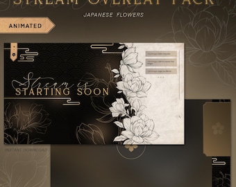 Japanese Flowers | Animated Stream Overlay Pack | Animated Screens | Twitch design | VTuber assets | Elegant japanese gold aesthetic