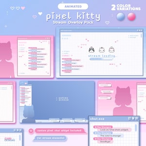 Puede incluir: Paquete de superposición de transmisión de pixel kitty animado con dos variaciones de color. La superposición presenta un esquema de color rosa y azul con un diseño de gatito pixelado. La superposición incluye un widget de chat, una pantalla de juego y una barra de carga de transmisión.