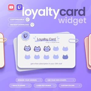 Könnte beinhalten: Ein digitales Treuekarten-Widget mit einem lila und weißen Design. Die Karte zeigt Katzen-Icons und den Text "Loyalty Card". Zusätzlicher Text lautet "Anpassbar" und "Sofortiger Download."
