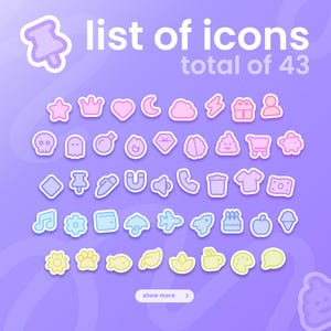 May include: A collection of 43 colorful, cartoon-style icons on a purple background. The icons include a star, crown, heart, moon, cloud, lightning bolt, gift, person, skull, ghost, and more. Text at the top reads "list of icons total of 43".