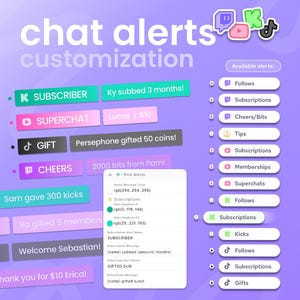 May include: A digital graphic detailing chat alert customisation options. Features alert types such as "SUBSCRIBER," "SUPERCHAT," "GIFT," and "CHEERS." Displays available alerts including "Follows," "Subscriptions," and "Gifts."