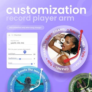 Puede incluir: Interfaz digital para personalizar un brazo de tocadiscos. Opciones de color, colocaci&oacute;n y escala. C&iacute;rculos de arte de &aacute;lbum con Tyla, Nirvana y Bad Bunny. Texto: 'customization' y 'record player arm'.