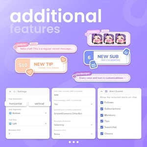 May include: A digital graphic with the text "additional features" and various interface elements. Includes chat bubbles, a tip notification, and settings for chat orientation, alignment, and alert events. The design is primarily purple and white.