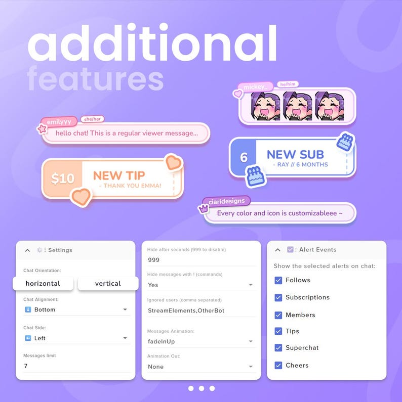 May include: A digital graphic with the text "additional features" and various interface elements. Includes chat bubbles, a tip notification, and settings for chat orientation, alignment, and alert events. The design is primarily purple and white.