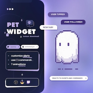 May include: A purple and white animated ghost character on a phone screen. The ghost is a pixelated character with a friendly expression. The text on the screen reads "PET + WIDGET" and "Instant download!"  The text also says "reactive", "animated pet", "customize alerts", "use (1) commands", "7 animations", "USER TIPPED", "USER FOLLOWED", "NEW SUB", and "REACTS TO EVENTS AND COMMANDS".