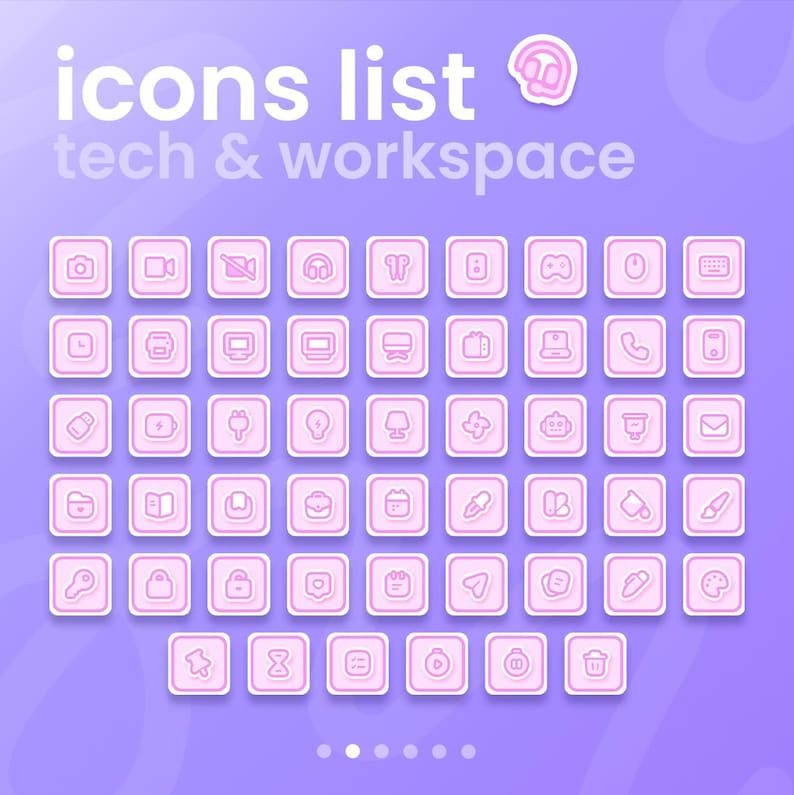 May include: A collection of pink and white tech and workspace icons on a purple background. The icons are in square frames and include symbols for a camera, video camera, headphones, and more. The text "icons list tech & workspace" is at the top.