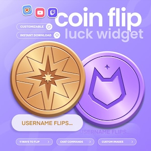 Puede incluir: Gráfico digital que promociona un "widget de la suerte de lanzamiento de moneda" con dos diseños de monedas. Uno es dorado con una estrella, el otro es morado con un emblema estilizado. El texto incluye "Personalizable" y "Descarga instantánea".